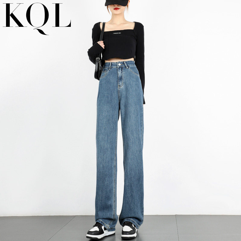 复古港风阔腿牛仔裤女2022秋季新款宽松显瘦加长直筒高腰拖地裤潮