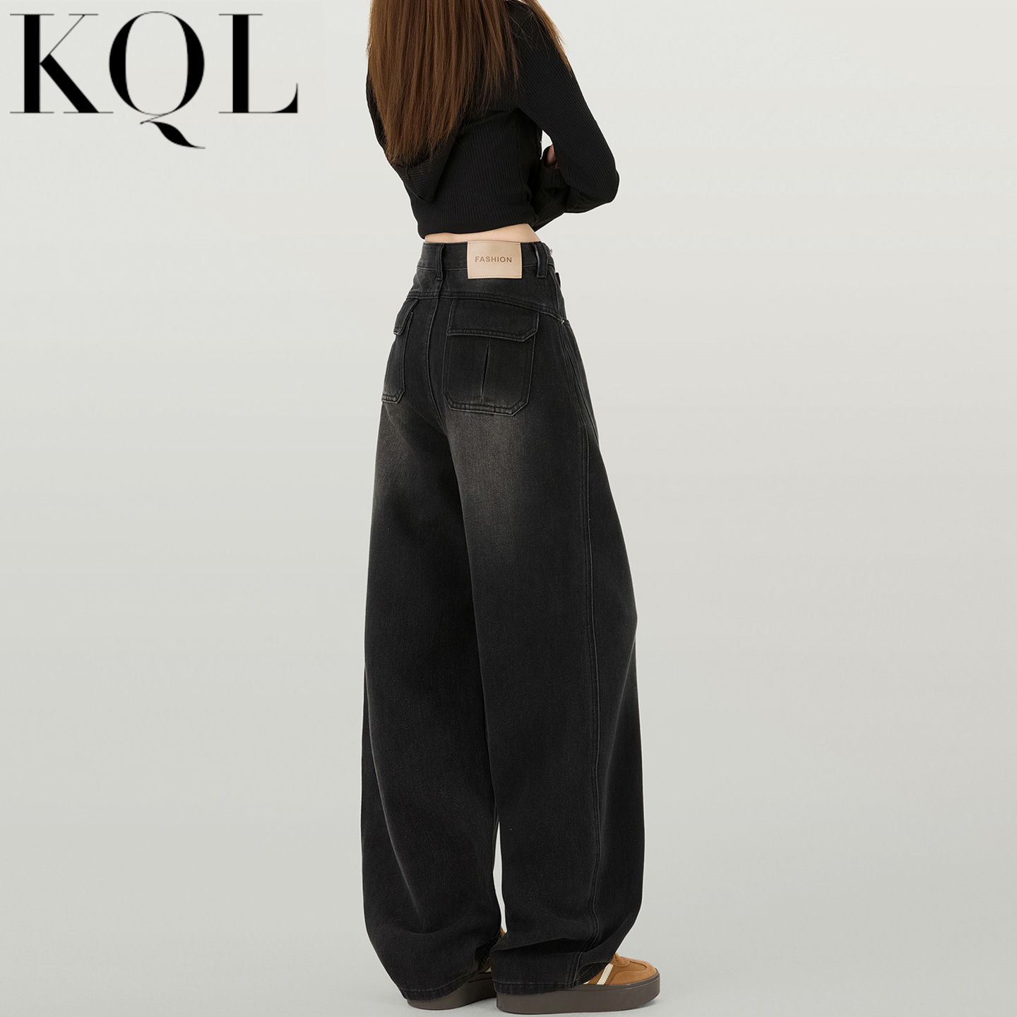 加绒保暖牛仔裤女黑灰弯刀阔腿裤