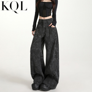 黑灰色印花工装牛仔裤女秋冬季小众设计感高腰宽松解构弯刀阔腿裤