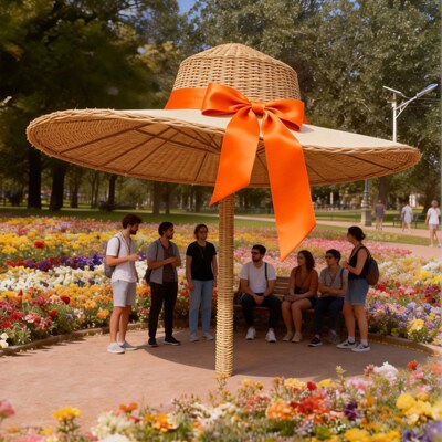 户外藤编草帽网红打卡拍照装置大型景观草雕摆件商业美陈定制遮阳