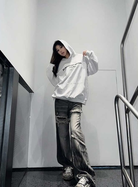 ProMaster原创潮牌设计2023新款宽松直筒微喇叭裤水洗破洞牛仔裤