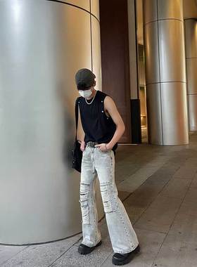 ProMaster原创潮牌23s新款破洞做旧水洗牛仔裤男宽松微喇叭裤毛边