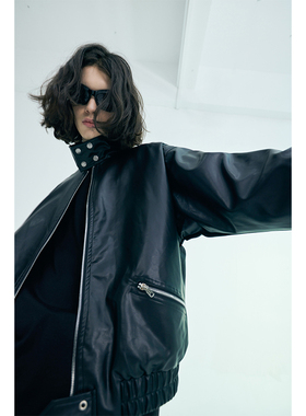 潮牌黑色夹克外套男秋冬美式街头痞帅机车皮衣薄国潮情侣装roora