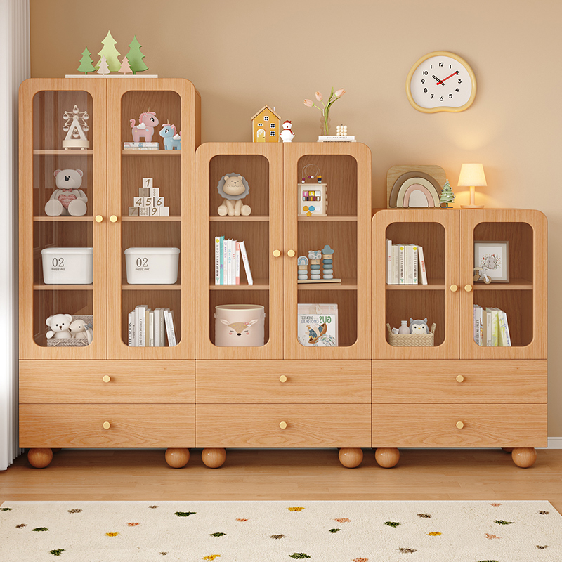 实木书柜学生家用收纳展示柜带玻璃门客厅落地多层书架储物柜组合