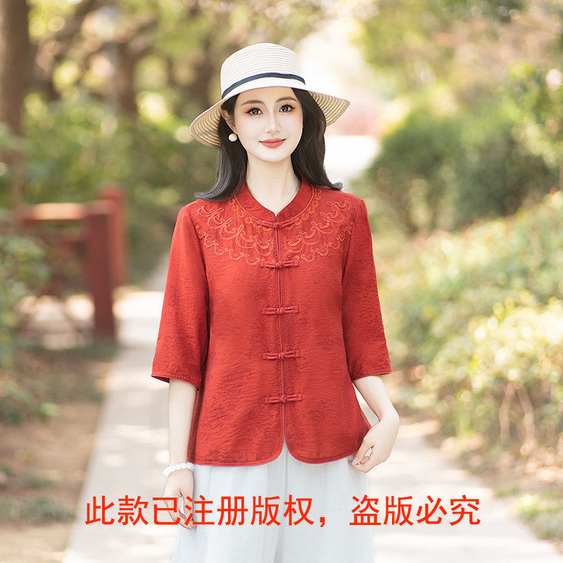 新中式国风女夏季2026新款中老年人妈妈时尚中袖衬衫奶奶唐装小衫
