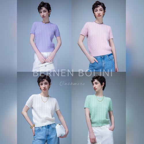 Bernen Bolini 重磅纯山羊绒 糖果色北欧风绞花短袖上衣