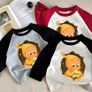 儿童星星人男童卡通印花宽松长袖T恤宝宝女童可爱洋气纯棉上衣