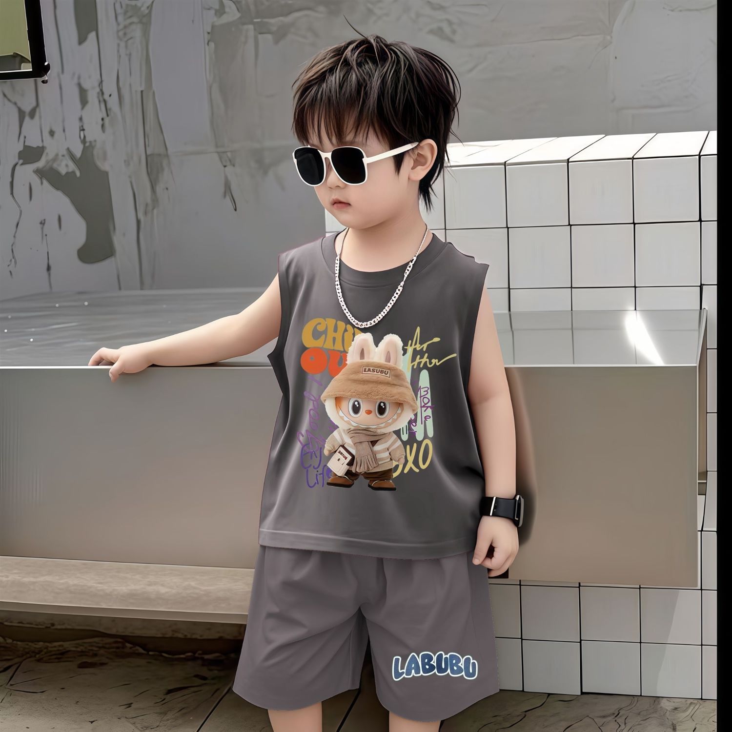 拉布布纯棉背心套装海外版男女童装夏季Labubu薄款衣服柔软萌