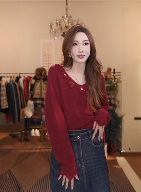 冬季新款小香风立体花朵红色针织毛衣女【澳门小源】MKKQ31191-6