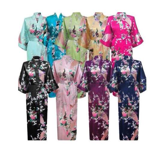 Plus Size XXXL Chinese Women Long Robe Print Flower Peacock