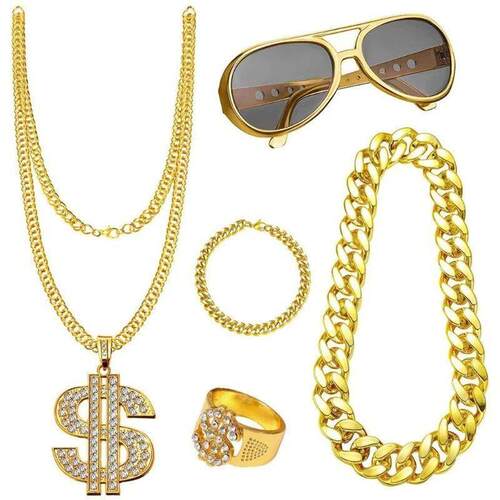 80/90s Hip Hop Costume Outfit Necklace Rings Sunglasses Hat