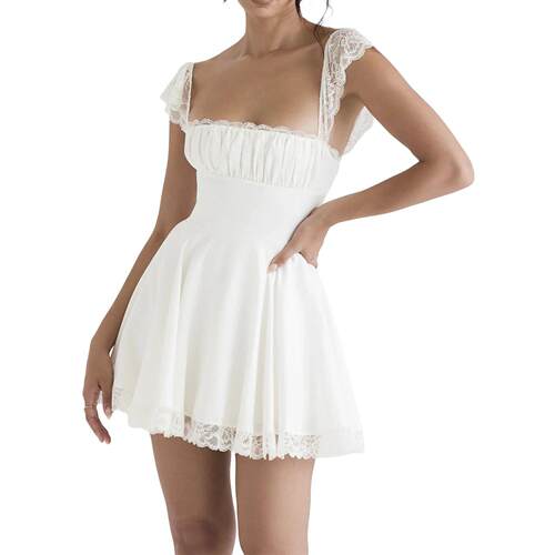 Women Fairy Vintage Lace Mini Dress Ruffle V Neck Spaghetti