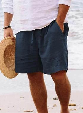 Men's shorts, cotton and linen, summer drawstring, elast