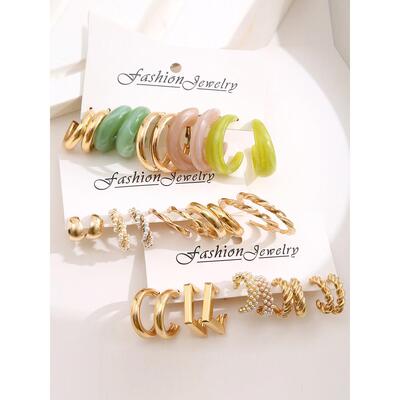 earrings women Set 6 pairs金属麻花耳环套装6对耳圈几何型耳饰