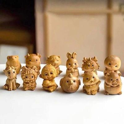 Wood Carving Miniature12 zodiac ornaments Rat tiger rabbit