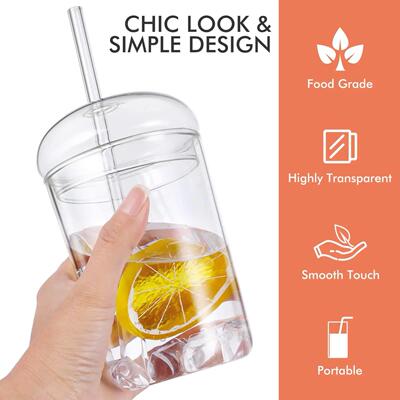 500ml Glass Coffee Cups With Lids Straws,Clear Smoothie Glas