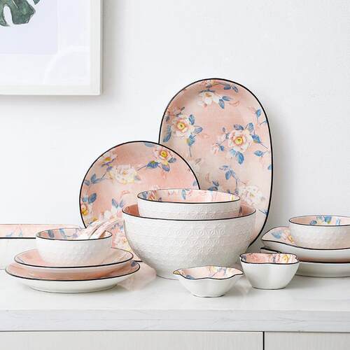 Pink Camellia Pattern Ceramic Tableware Bowls and Plates