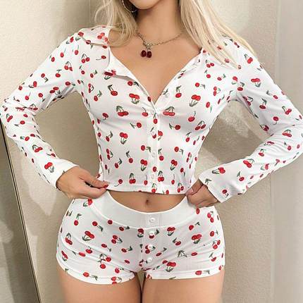 Sexy button shorts two-piece pajama set for women