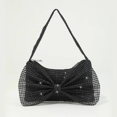 Women Elegant Shoulder Bag Solid Color Rhinestone Evening Ar