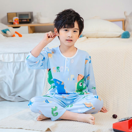 夏季儿童睡衣男童女童绵绸套装长袖棉绸宝宝小孩子夏天薄款空调服