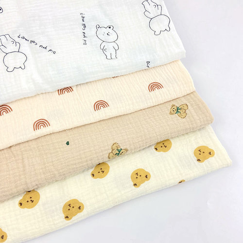 品质40支纯棉双层绉布印花面料 双层纱布棉布面料 爬爬服月服面料