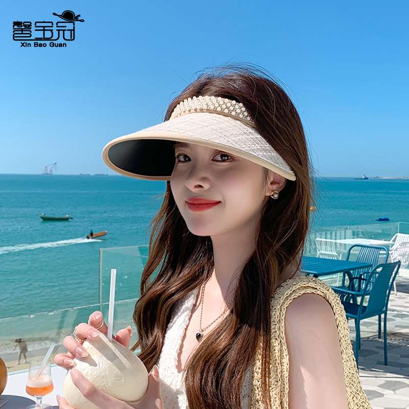 8433夏季防晒遮阳空顶帽韩版百搭珍珠帽女黑胶大檐发箍款太阳帽