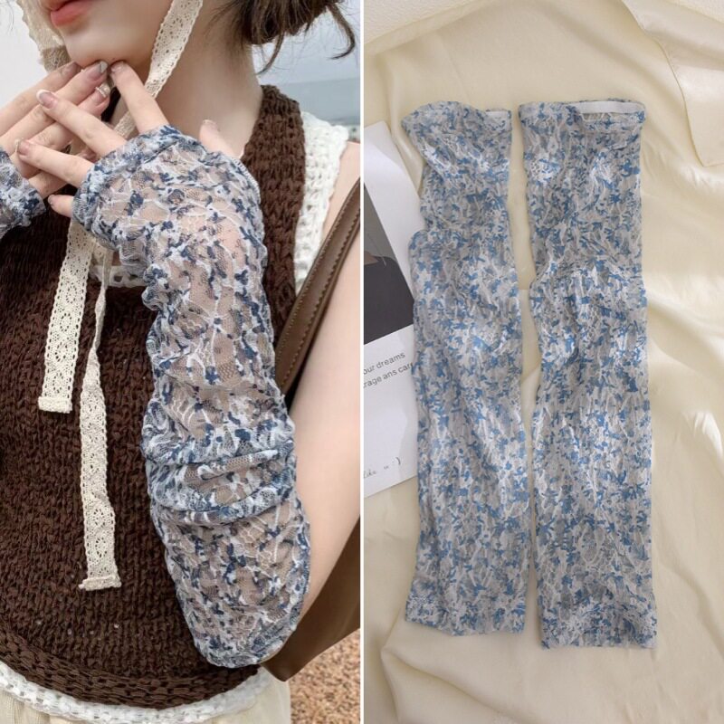 新品 厂货韩版小清新透气碎花长款女蕾丝袖套夏季开车防晒冰袖防