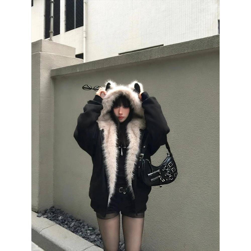 黑色座山雕猫耳朵毛领连帽羽绒棉服女冬季新款保暖加厚棉袄外套潮
