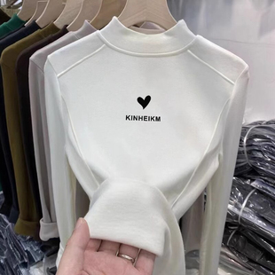 t恤半高领修身 白色中领长袖 上衣服 女内搭春秋款 小立领打底衫