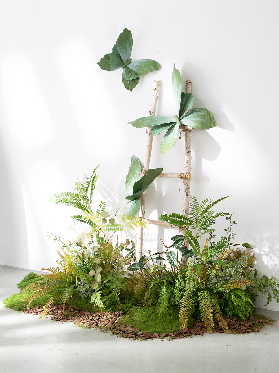 模拟丛林绿色植物景观蝴蝶窗软装饰彷生苔藓蕨类叶景观流行照片背