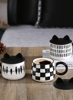 创意陶瓷水杯子马克杯个性女高颜值家用茶杯带盖办公室复古咖啡杯