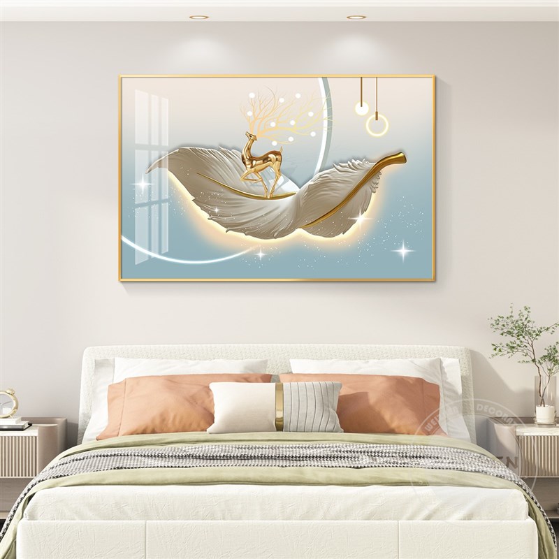 轻奢羽毛横幅床头卧室装饰画简约现代挂画壁画主卧次卧房间背景墙
