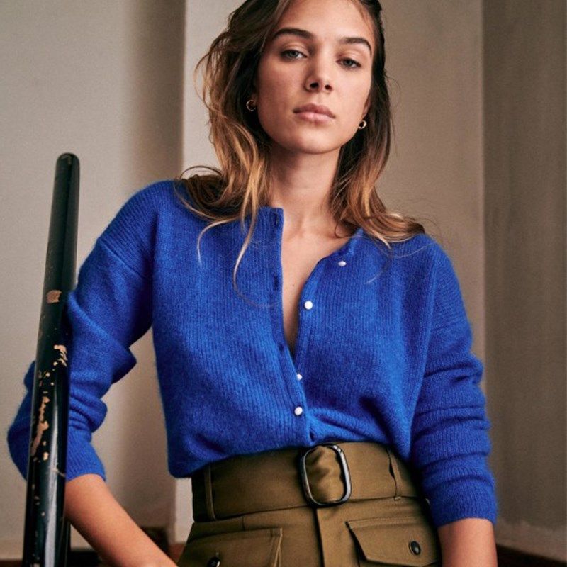 现货~23年秋冬法式小众经典款芥末绿马海毛羊毛纽扣针织开衫毛衣