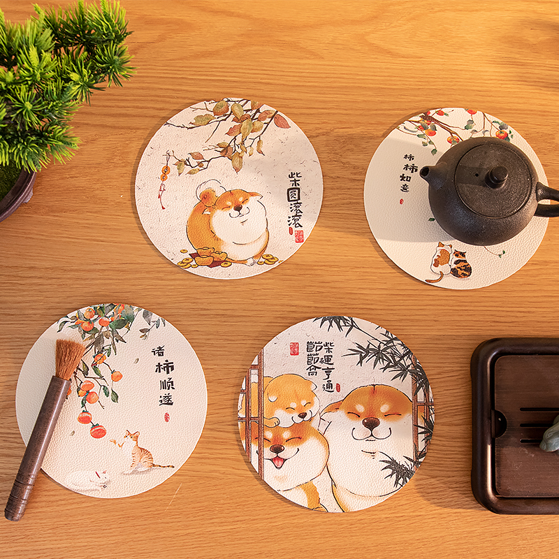皮革隔热垫e防水防油免洗小桌垫中式柯基圆防烫耐高温餐垫碗盘垫