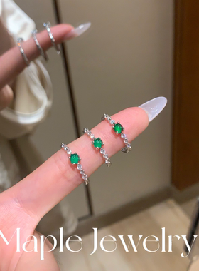 Maple【芝芝】天然阳绿翡翠纯银戒指女危料蓝水排钻玉髓轻奢ins风