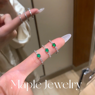 Maple【芝芝】天然阳绿翡翠纯银戒指女危料蓝水排钻玉髓轻奢ins风