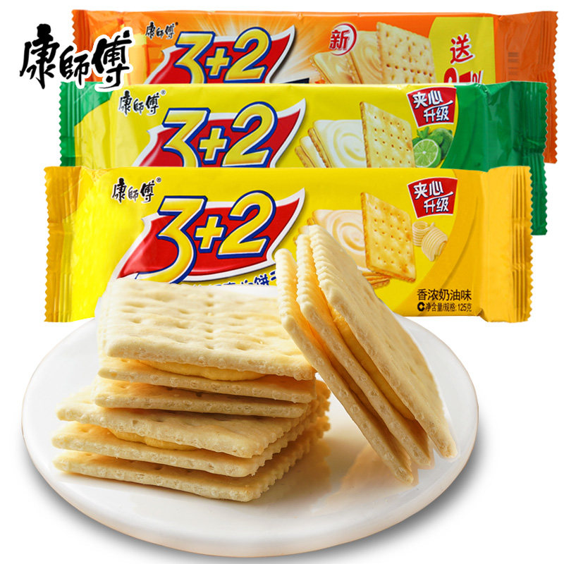 康师傅3+2夹心饼干125g*6条柠檬 夹心奶油 蓝莓苏打饼干零食品