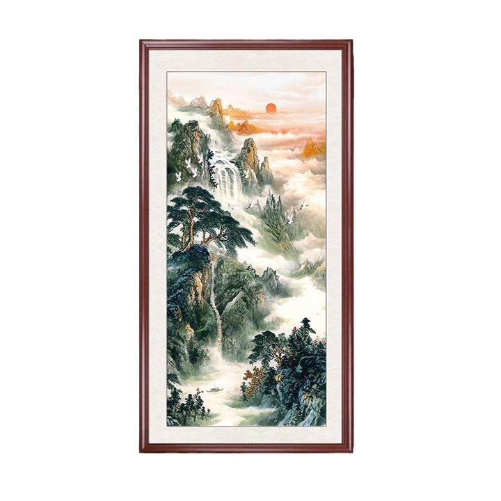 迎客松国画成品新中式山水画入户玄关装饰画竖版走廊过道实木挂画