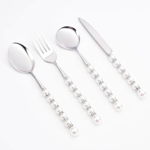 轻奢不锈钢珍珠镶钻刀叉勺套装西餐厅餐具三件套家用甜品叉子勺子