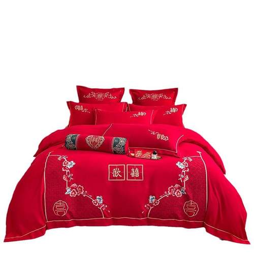亲肤水洗加厚磨毛婚庆刺绣四件套大红结婚被套款四件套床笠套件