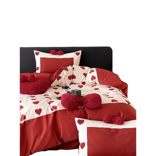 高档100支长绒棉小清新结婚庆四件套新婚嫁红色床单被套床品双人