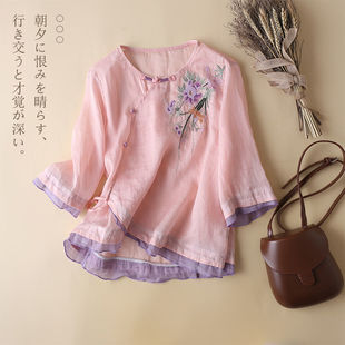 宽松大码 民族风上衣夏季 高档棉麻衬衫 薄款 遮肚子显瘦冰丝 女装