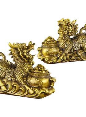 纯黄铜聚宝盆麒麟一对摆件铜麒麟礼品客厅玄关装饰办公室招财摆件