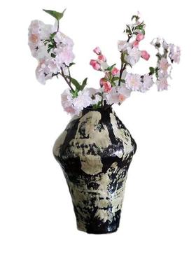 侘寂风禅意手工捏制陶瓷黑色罐复古艺术插花花瓶摆件