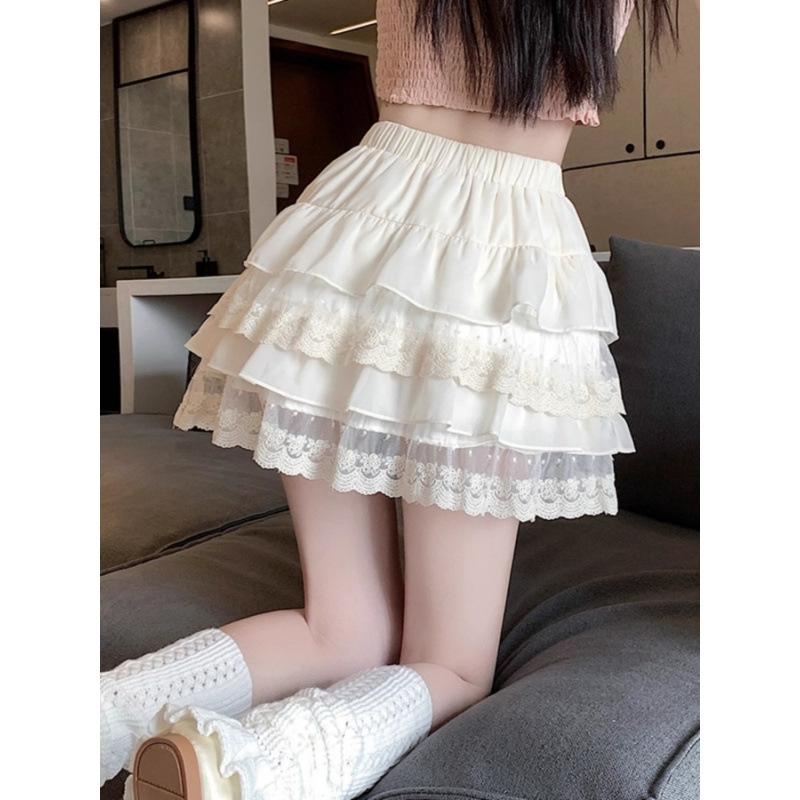 白色蕾丝蛋糕裙半身裙女夏季高腰显瘦小个子a字裙公主蓬蓬裙短裙