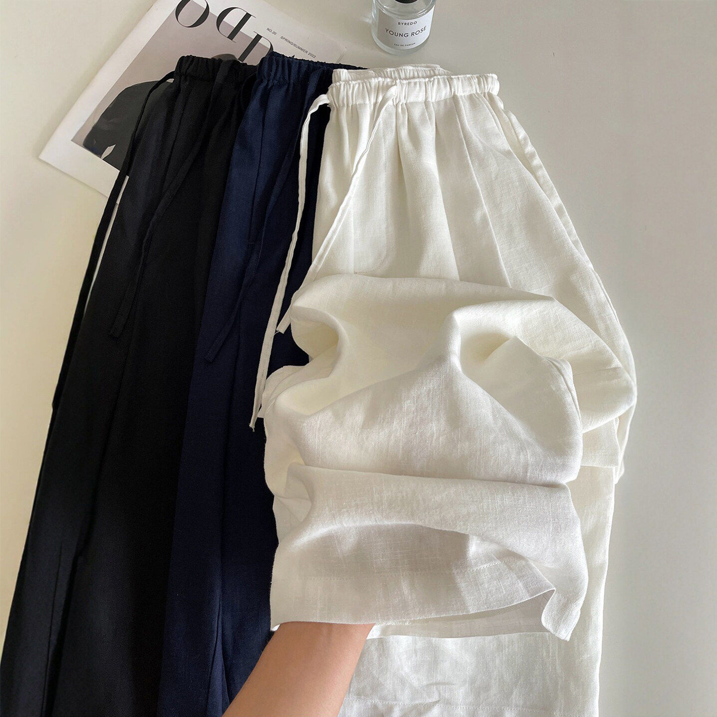 白色亚麻阔腿裤女夏季慵懒松弛感休闲小个子薄款防晒棉麻直筒裤子