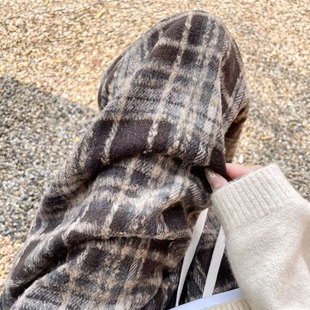 咖色格子阔腿裤女秋冬2026新款高腰宽松bf慵懒风休闲复古毛呢裤子