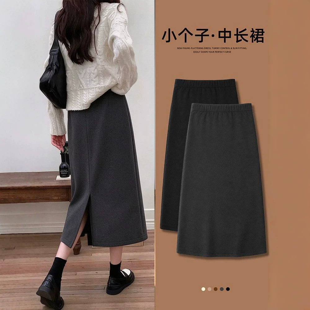 灰色毛呢半身裙女2026新款秋冬高腰休闲直筒长裙小个子针织开叉裙