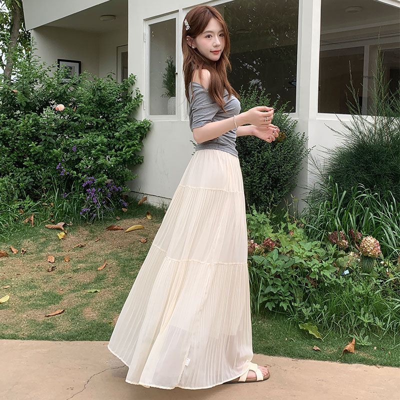 杏色半身裙女2026新款夏季高腰a字百褶裙垂感长裙子雪纺蛋糕裙子