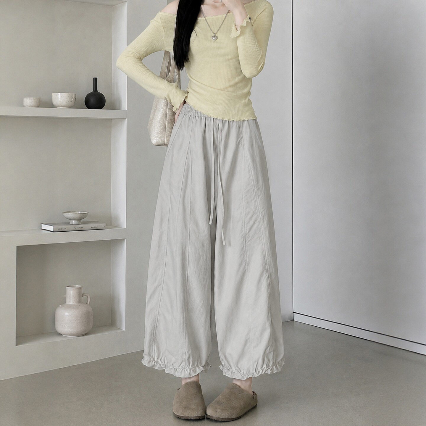 木耳边阔腿裤女薄款2026夏季新款休闲宽松小个子直筒高腰花苞裤子